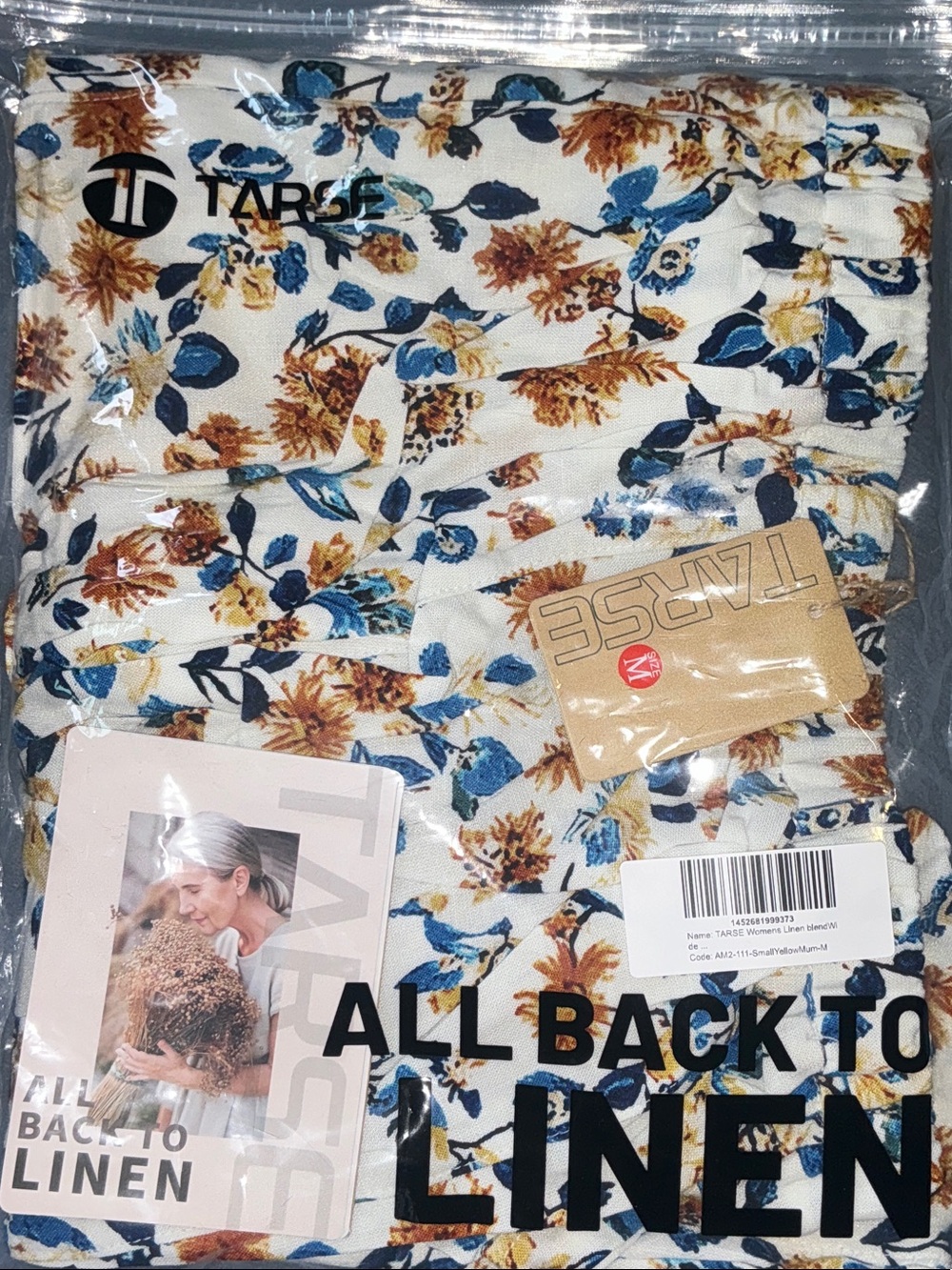 Tarse Floral Linen Tote Bag in Cream and Blue